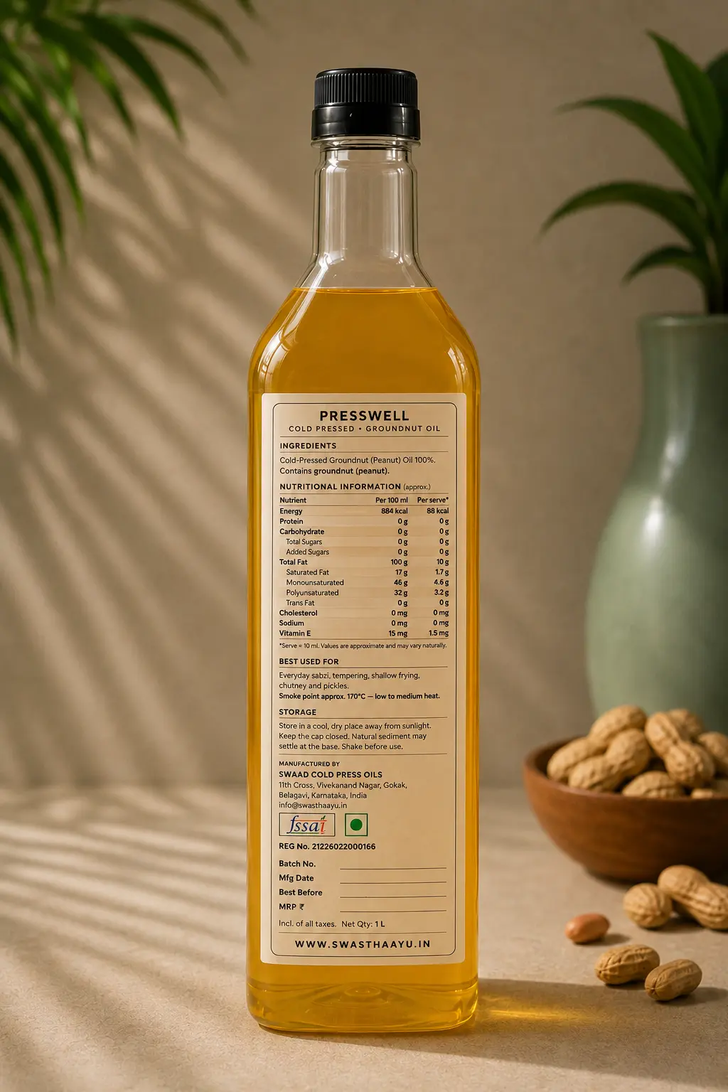 Groundnut Oil, 1 L, the label on the back