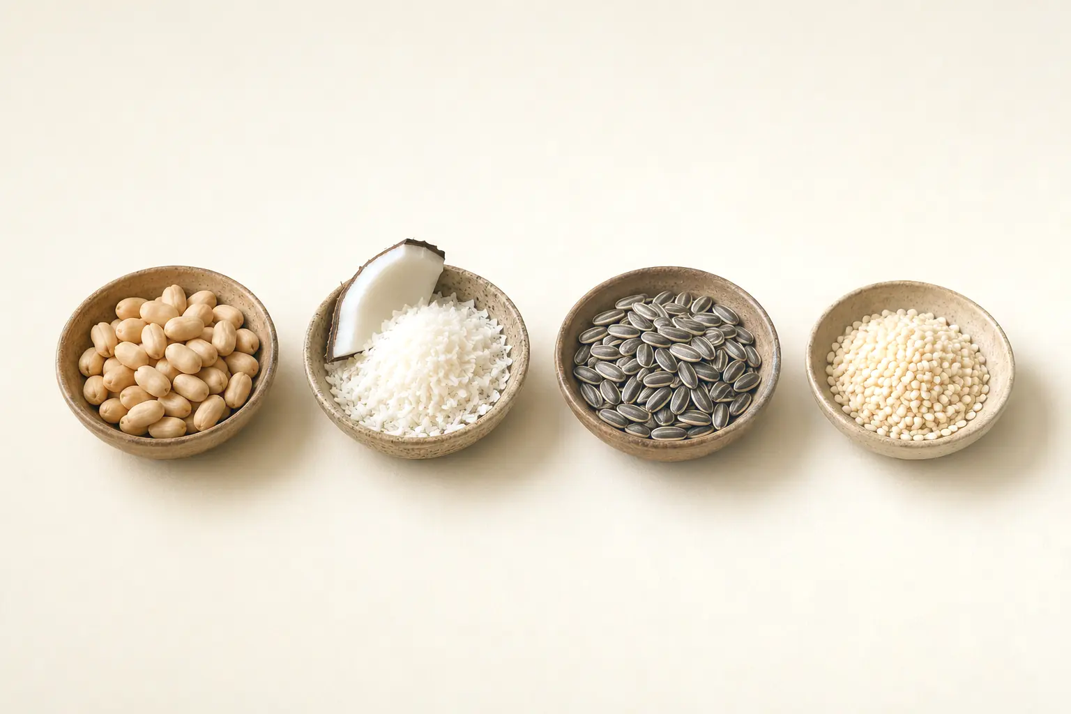Four bowls holding groundnut kernels, grated coconut, sunflower seeds and safflower seeds