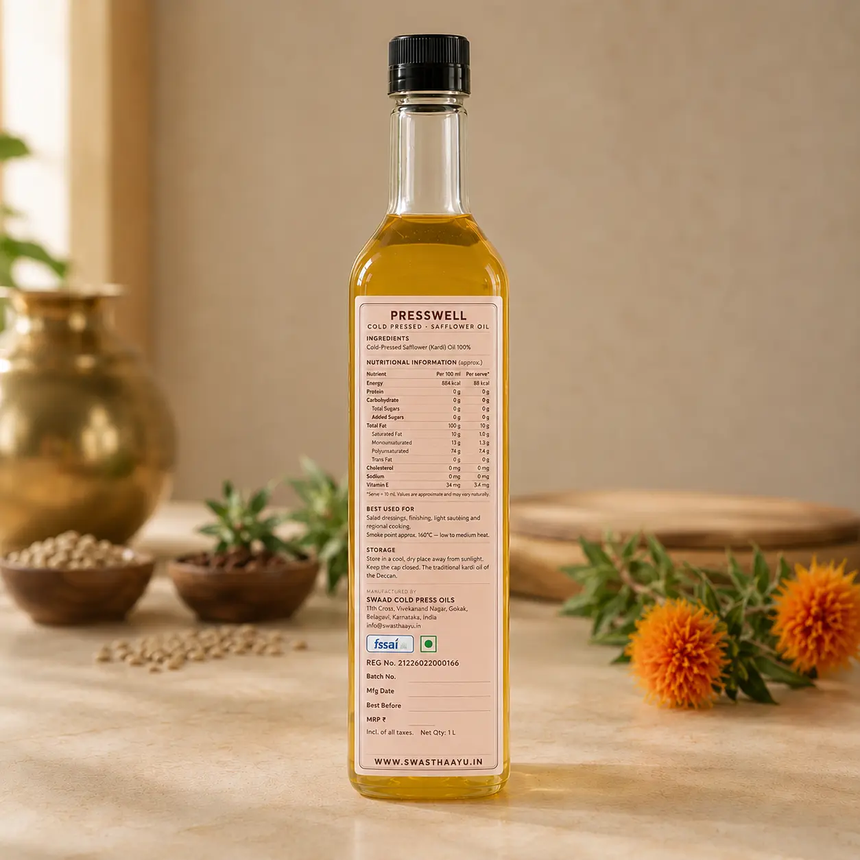 Safflower Oil, 1 L, the label on the back